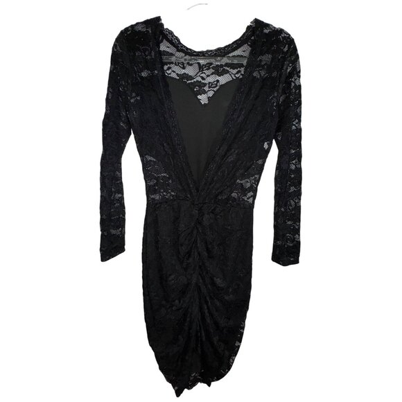 Black Lace Long-Sleeve Dress V-Neck & Ruched Hem Medium Stretch Sexy Goth Punk - Picture 2 of 4